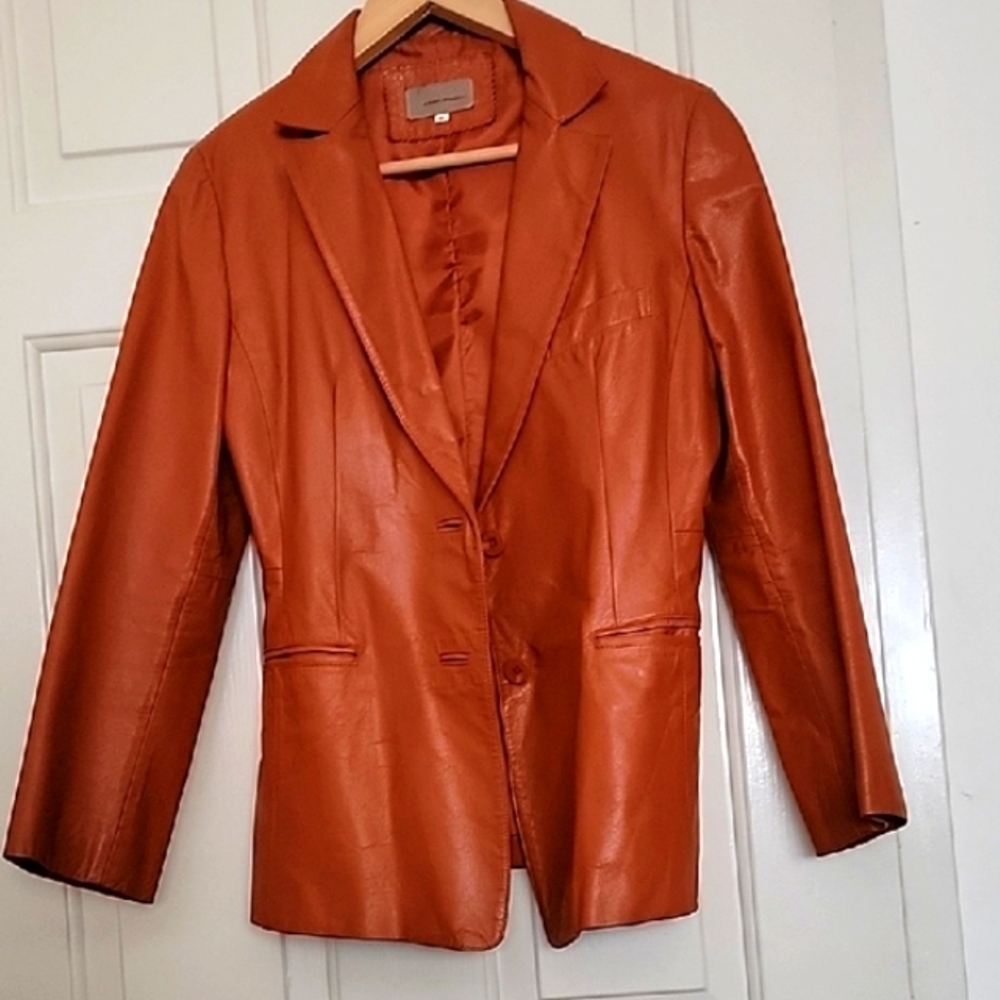 GOLDEN FUR 100% Genuine Leather Women's Orange Leather Blazer Jacket Size Medium